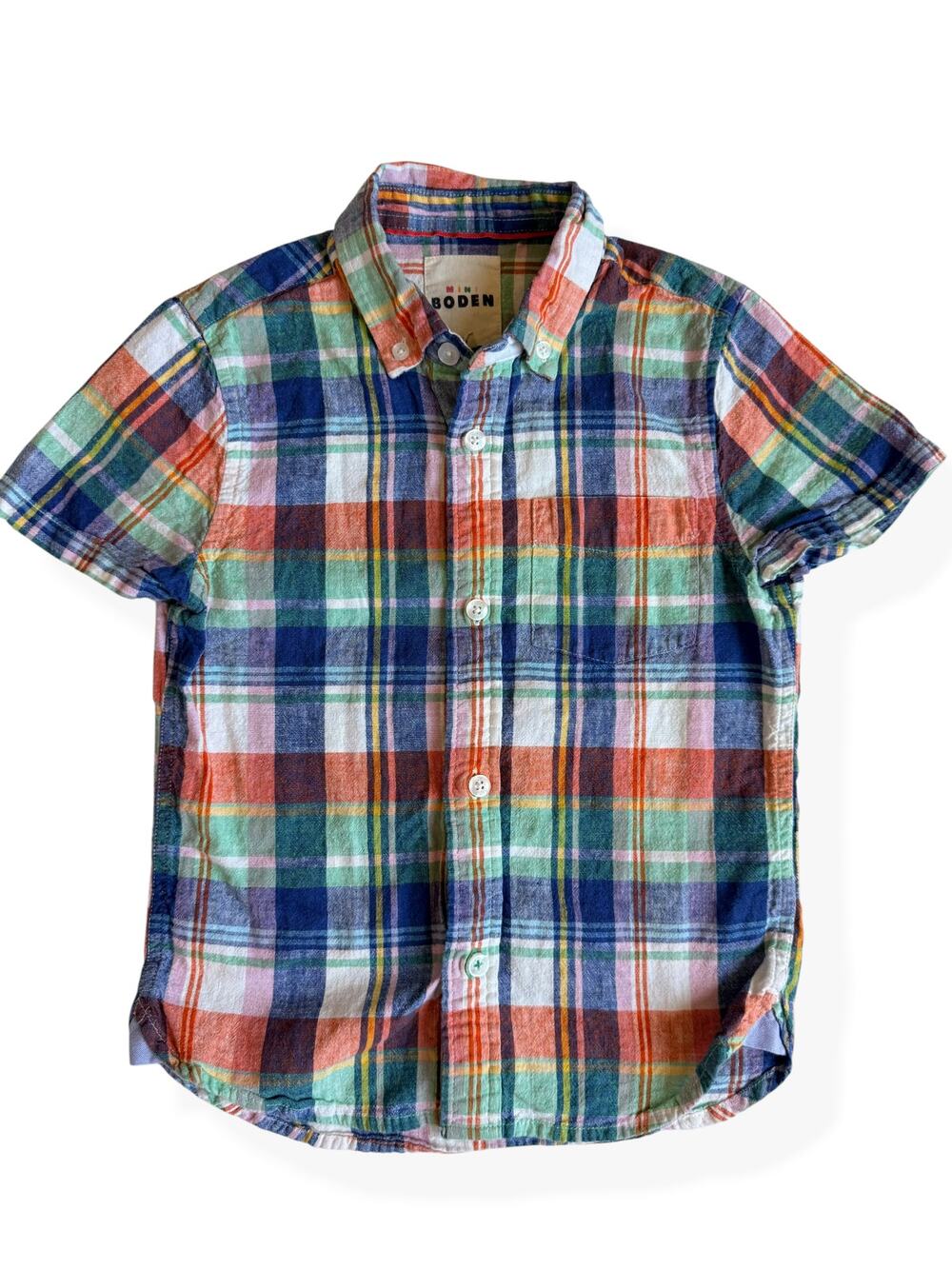 Mini Boden Boys 6-7 Plaid Linen Cotton Short Sleeve Button Down Shirt